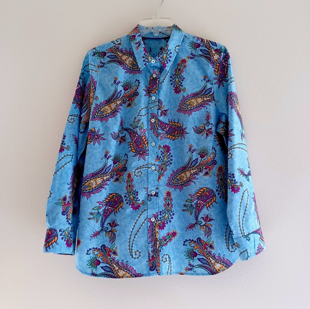 Talbots Cotton Button Front Shirt - Swirly Paisley, Size Lp - Picture 1 of 16